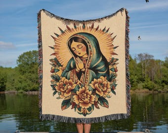 Vintage Flash Inspired Guadalupe Retro Floral Tapestry Woven Blanket Our Lady of Guadalupe Virgen Mary Portrait, Home Decor Blanket