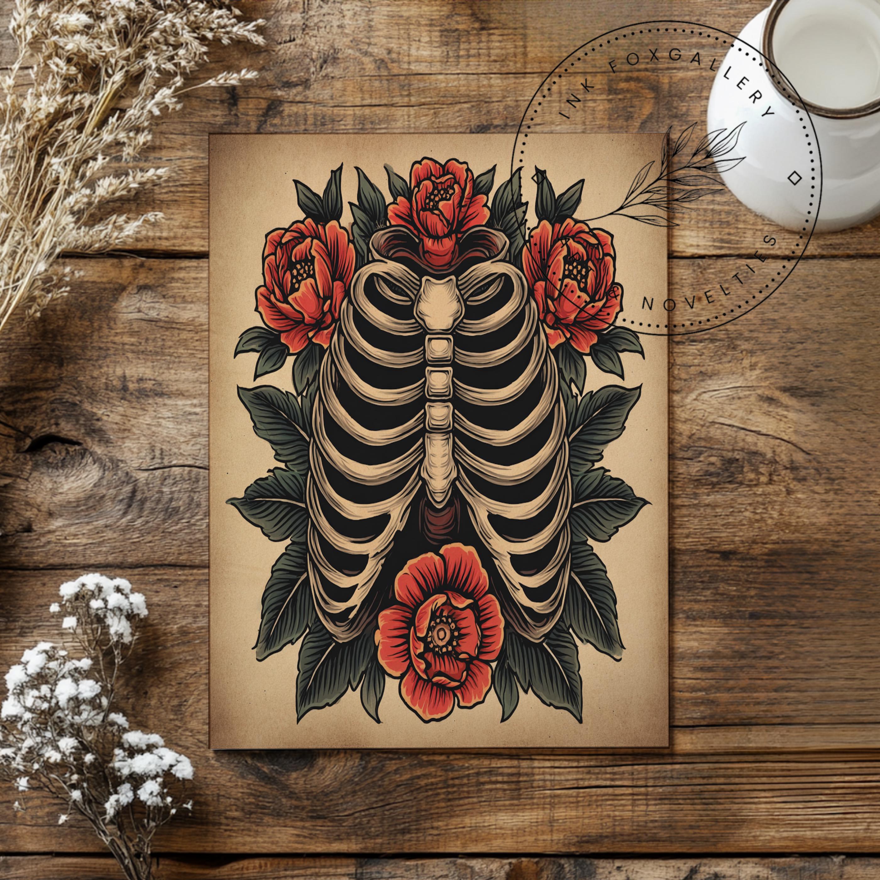 Ribcage Skeleton Floral Art Print, Anatomical Heart Chest Art, Gothic ...