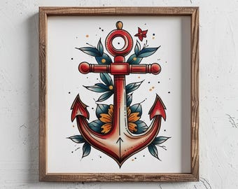 May include: A framed print of a traditional nautical tattoo style anchor with red, blue, and yellow flowers. The anchor is surrounded by green leaves and has a white background.