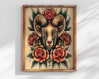 Vintage Tattoo Flash Aries Zodiac Wall Art - Inspired Print
