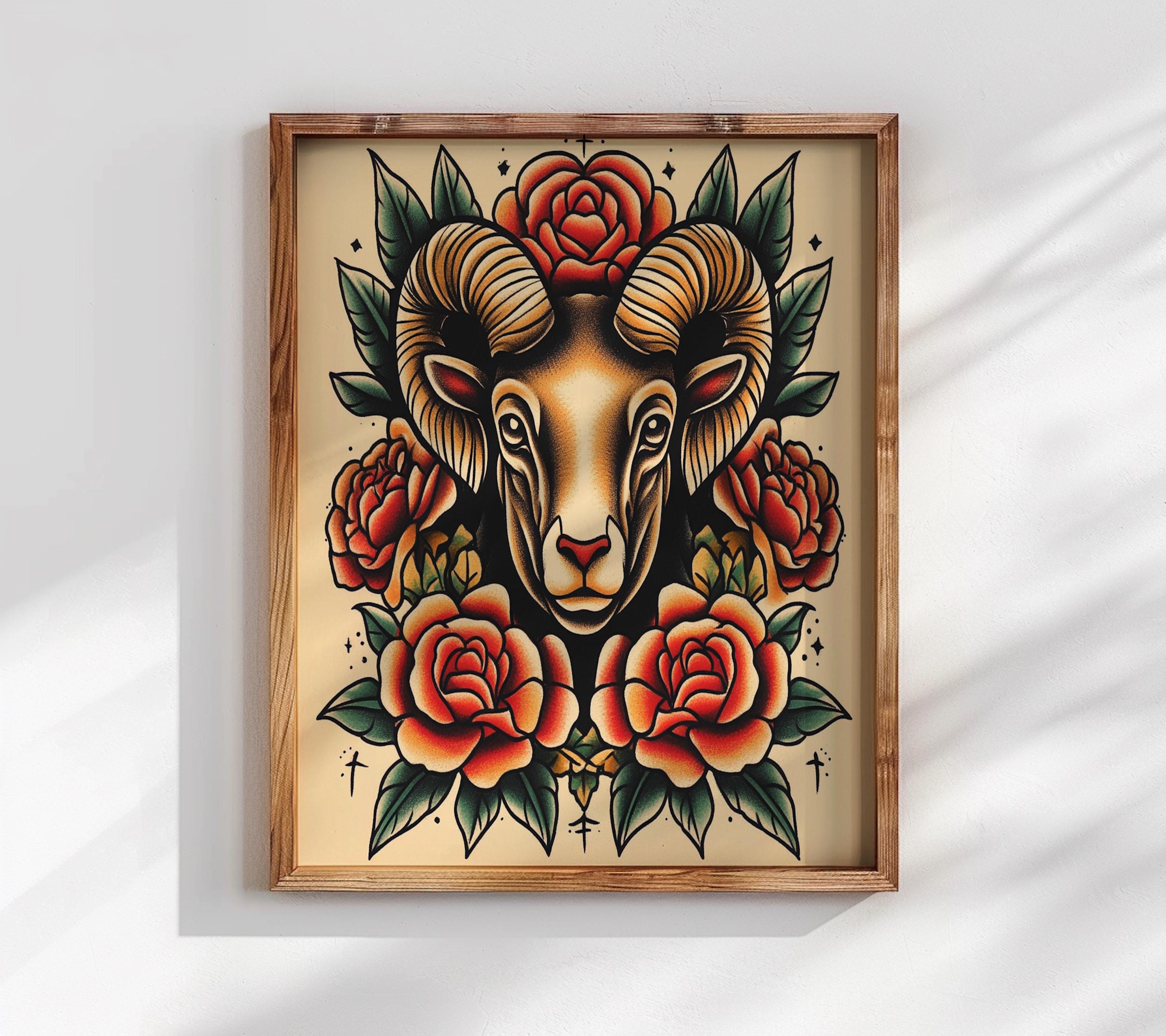 Vintage Tattoo Flash Aries Zodiac Wall Art - Inspired Print