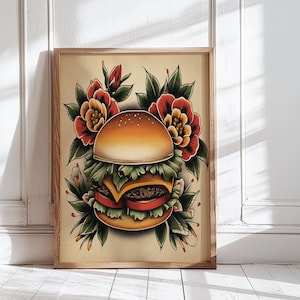Burger Vintage Tattoo Flash Art Print – Retro Food Wall Decor, Classic Diner-Inspired Illustration, Gift for Foodies