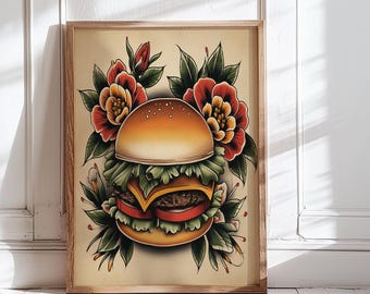 May include: A framed print featuring a stylized illustration of a hamburger with lettuce, tomato, and cheese, surrounded by red and yellow flowers and green leaves. The artwork has a vintage tattoo style.