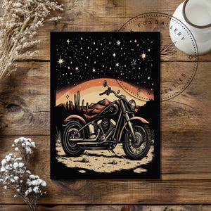 May include: A black motorcycle with a starry night sky and desert landscape in the background. The motorcycle has a chrome exhaust pipe and a brown leather seat.