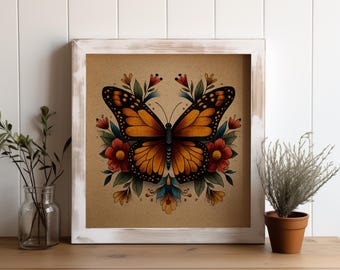 Monarch Butterfly Vintage Retro Tattoo Flash Portrait, Vintage Retro Insect Wall Art- Botanical Wall Artwork, Gift Print