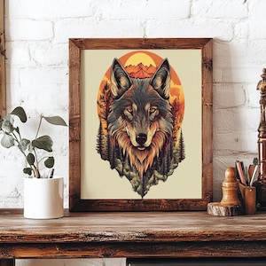 Wolf Vintage Tattoo Flash Art Print – Traditional Ink Style Wall Decor, Retro Wolf Artwork, Bold Nature-Inspired Gift Print
