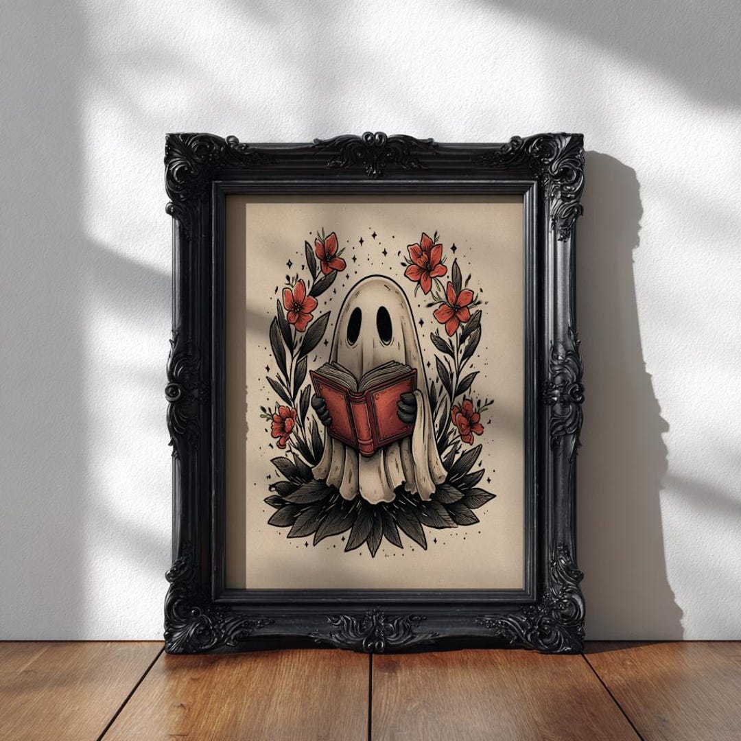 Cute Ghost Reading Art Print | Spooky Book Lover Wall Decor | Gothic ...