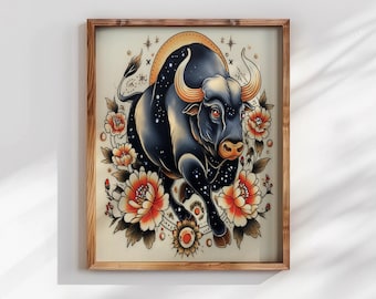 Vintage Tattoo Flash Taurus Bull Zodiac Wall Art Inspired Print Unique Astrological Home Decor Poster Horoscope May Birthday Month Art Print