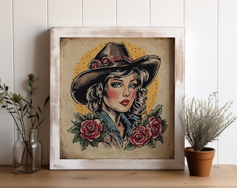 May include: A vintage-style illustration of a woman wearing a cowboy hat and a denim shirt, surrounded by red roses. The image has a faded, antique look.