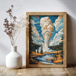 Vintage Yellowstone Retro Wall Art - Plakat - Rustykalny wystrój przyrody, Dzieło sztuki Old Faithful w stylu antycznym, Prezent dla miłośnika przyrody, Estetyka kabiny