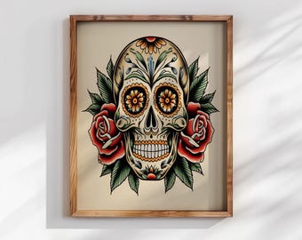 Sugar Skull Art - Vintage Love & Classic Dia De Los Muertos Artwork Art Print- Ink Design Wall Artwork -Day of the Dead Tattoo Style Poster