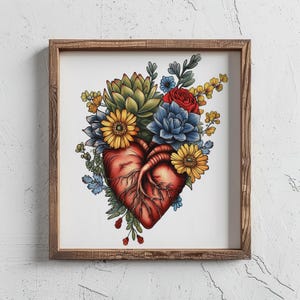 Succulent Floral Heart Vintage Traditional Tattoo Flash Art Print- Ink Design Wall Artwork Gift For Him -Valentine Gift For Her