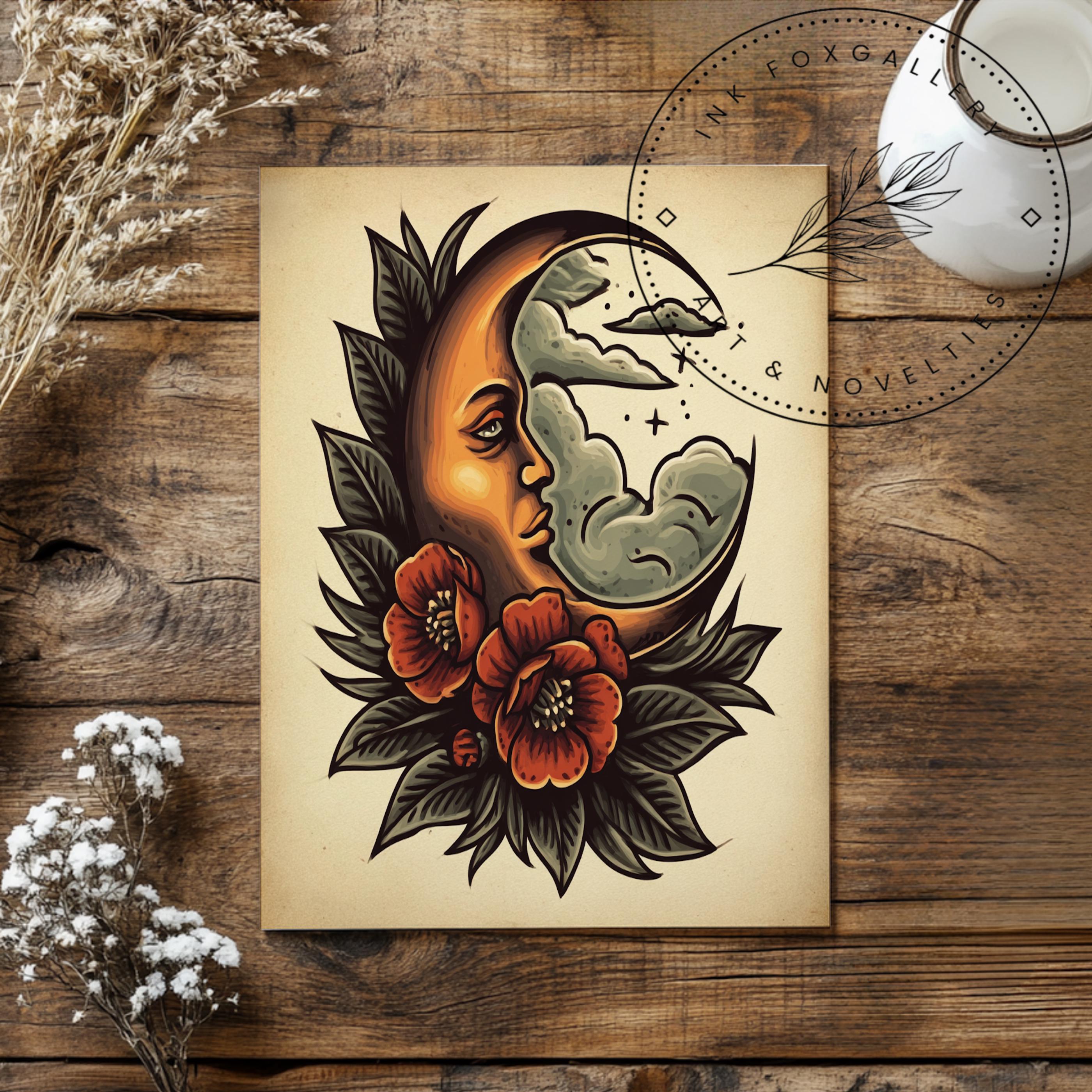 Felix Hernandez 3 Moons アートプリント Traditional Moon Face Tattoo Flash Print – Classic Moon Print