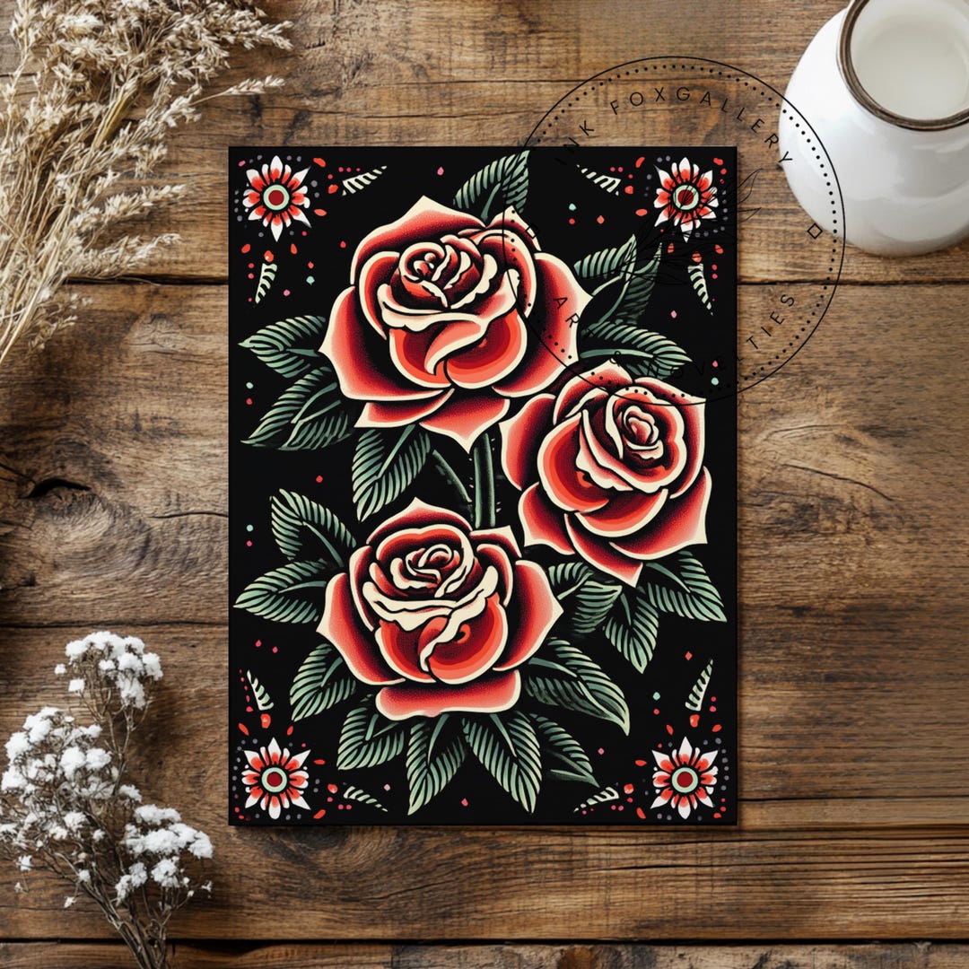 Rose Traditional Tattoo Flash Art Digital Download, Rose Wall Art ...