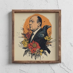 Tattoo Flash Inspired Alfred Hitchcock Retro Wall Art - Portrait, Classic Hollywood Decor, Director The Birds Print- Gift Ready To Print