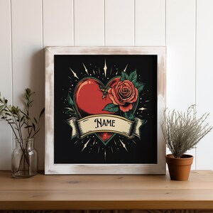 Sacred Heart Tattoo, personalisierter Print, Name, Valentinstag, Geschenk für die Liebsten, Kunstdruck oder Grußkarte