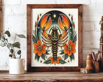May include: A framed art print featuring a detailed illustration of a lobster. The lobster is depicted in shades of orange, green, and yellow, set against a dark blue and black background with stars. Orange flowers and green leaves surround the lobster.