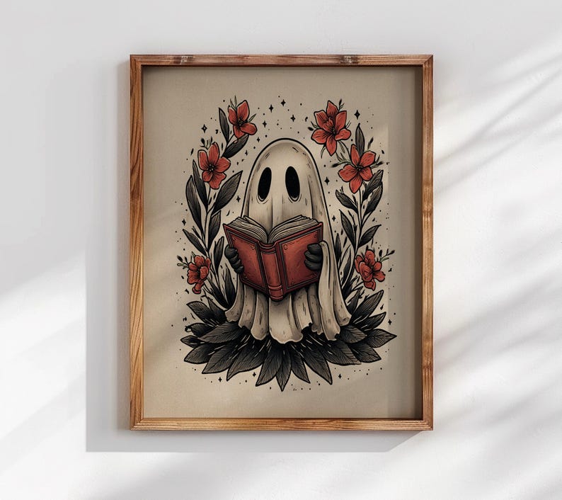 Cute Ghost Reading Art Print | Spooky Book Lover Wall Decor | Gothic ...