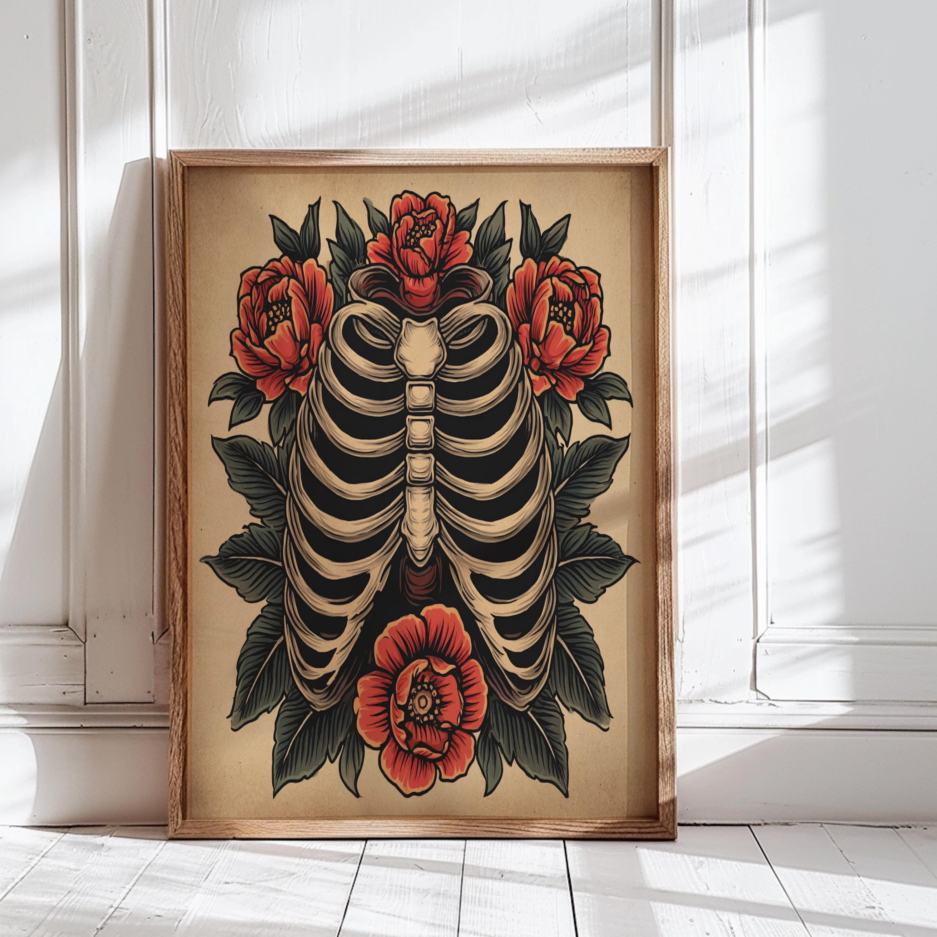 Ribcage Skeleton Floral Art Print, Anatomical Heart Chest Art, Gothic ...