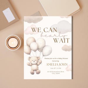 Editable We Can Bearly Wait Baby Shower Invite Template, Digital Invitation, Customizable, Printable Template, Gender Neutral, Bear