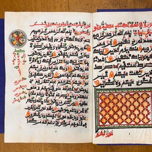 Può includere: Un libro aperto con testo arabo in inchiostro nero su carta bianca. Le pagine sono decorate con motivi geometrici colorati e motivi floreali. Il libro è rilegato in tessuto blu.