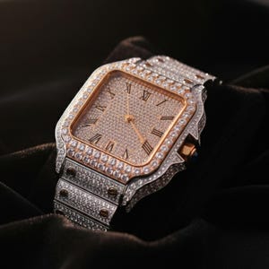 Luxury Diamond-Encrusted Square Watch, Rose Gold & Silver Watch, High-End Fashion Timepiece, Sparkling Watch, Gift for Him or Her, Elegant Statement Watch.
diamondwatch, luxurywatch, rosegoldwatch, silverwatch, fashionwatch, luxurytimepiece, elegantwatch, sparklingwatch, anniversarygift, giftforhim, giftforher, watchaddict, luxuryaccessory