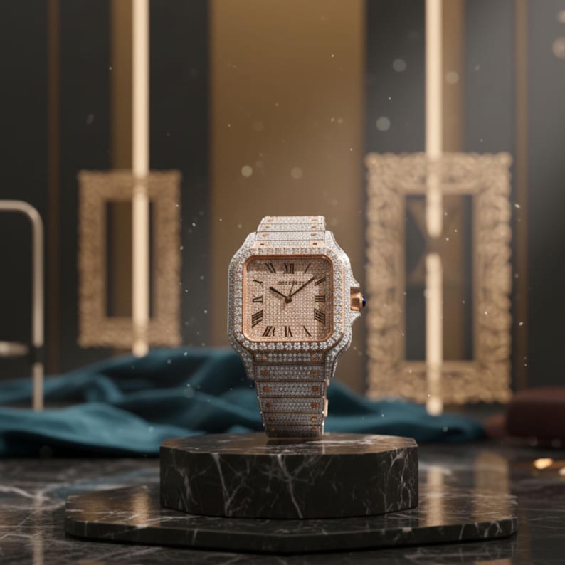 May include: A luxury wristwatch with a square face and a diamond-encrusted bezel and band. The watch has a rose gold face with Roman numeral hour markers. It sits on a black marble pedestal.