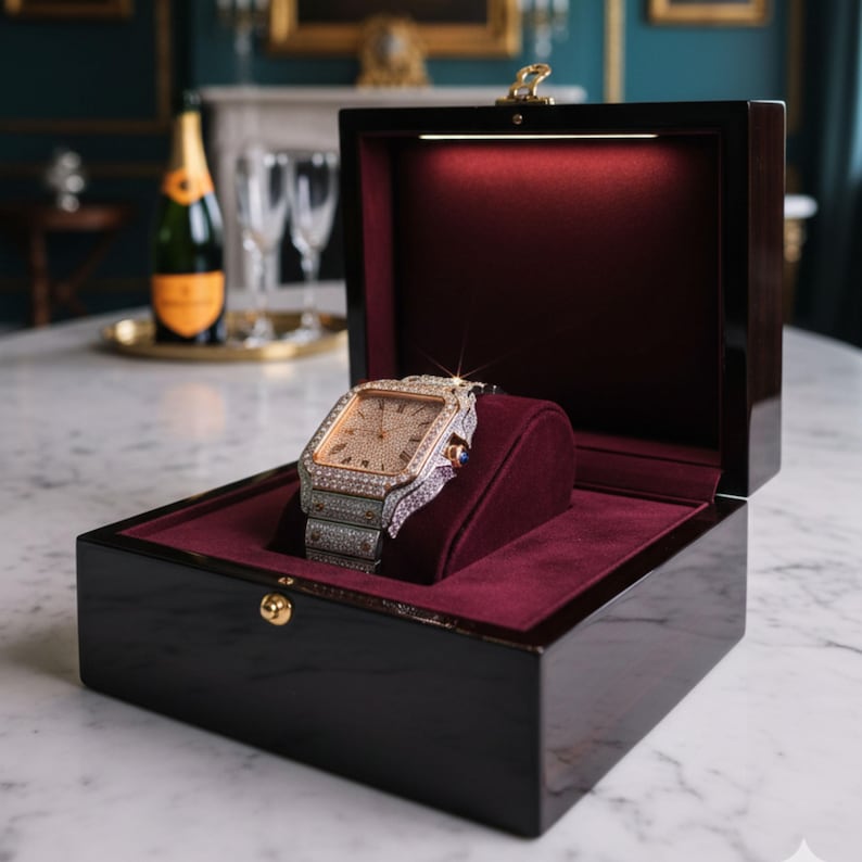 May include: A luxury watch with a square face, encrusted with diamonds, rests on a burgundy velvet cushion inside a black wooden display box. The watch has a gold-tone band and face, and the box is open, revealing a gold clasp.