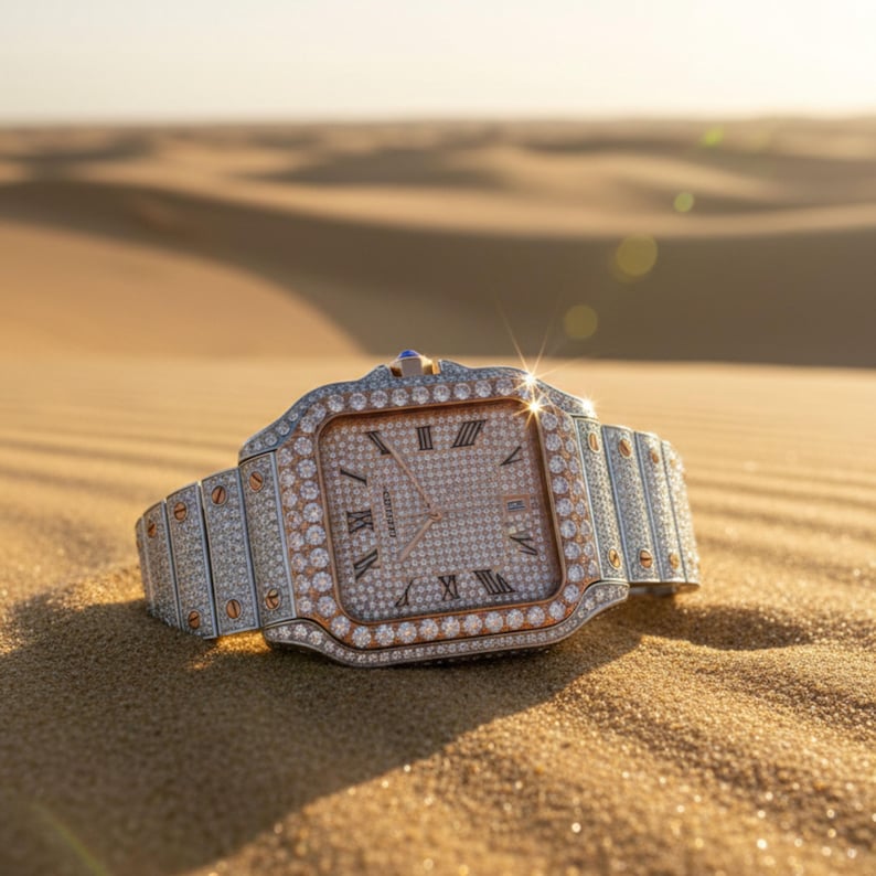 May include: A luxury wristwatch with a square face and a silver and gold band, encrusted with numerous small, sparkling gemstones. The watch features Roman numeral hour markers and is set against a sandy desert backdrop.