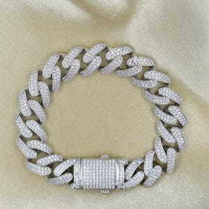 Unisex Cuban Silver Bracelet with Moissanite, Link Bracelet, Miami Cuban Bracelet For Unisex, Moissanite Diamond, Turkish Jewelry, Gift Idea
