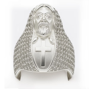 Silver Jesus Face Ring | 925 Sterling Silver CZ Cross Ring | Religious Statement Ring for Men | Christian Hip Hop Jewelry