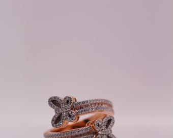 Rose Gold Butterfly Ring, CZ Diamond Wrap Ring, Adjustable