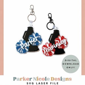 May include: Two keychain designs featuring a black megaphone silhouette with glittery pom-poms in blue and red. The names Parker and Makinley are written in white script across the pom-poms. Includes a silver and black keyring. Text reads: DIGITAL DOWNLOAD ONLY! Parker Nicole Designs SVG LASER FILE.
