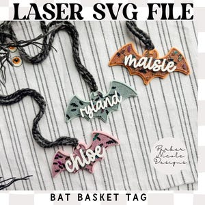 Bat Glitter Basket Tag, Halloween Basket Tag SVG Laser File, Glitter Bat SVG, Bat Name Tag Laser File, Bat Halloween Digital Download File