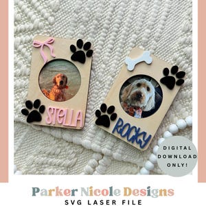 May include: Two wooden pet photo frames with paw prints and pet names. One frame has a pink bow and the name "Stella" in pink. The other frame has a bone and the name "Rocky" in blue. The frames are for digital download.