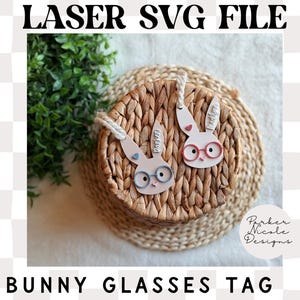 Etichetta cestino Bunny Glasses, SVG testa di coniglio, etichetta cestino pasquale coniglietto con file laser, etichetta regalo per bambini, etichetta coniglietto personalizzata, file laser pasquale
