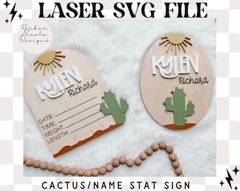 Kaktus-Namensschild, Geburts-Stat-Zeichen, Krankenhaus-Kaktus-Namensschild, Zeichen SVG Laser-Datei, Krankenhaus-Krippennamenschild, Wüstenschild SVG, Laser-Datei