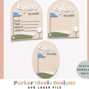 May include: Three wooden signs with golf-themed designs, including two arched shapes and one oval. Each features the name Kylen Richard in white and black text, a blue flag, a green putting green, and a white golf ball on a tee. One sign includes lines for date, time, weight, and length.
