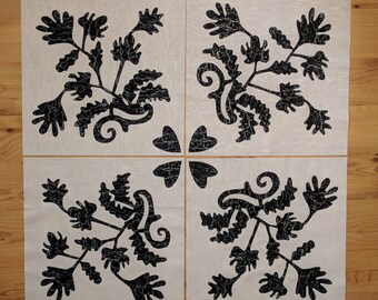 ALBUM QUILT BLOCK,  Fused Applique , Set of 4 Blocks, Crinkle Black and White, Make your own quilt project, wall hanging,