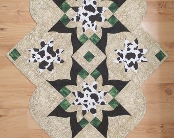 Curved Corners Table Runner, Topper, or wall decor.   Black and white 'cow' fabric and 'grass' fabric.