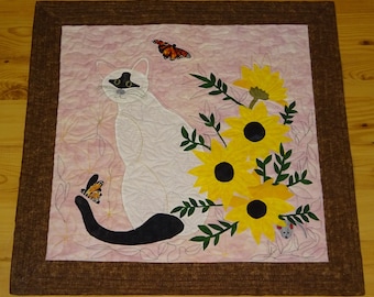 Cat wall hanging, gift, mothers day, fabric art table topper handmade quilted