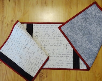 Table Runner Black White and Read all over  14 x 52 inches Postcard fabric Letters Quilted