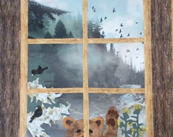 Baby Bear in the Window.  Unfinished wall hanging.  Ready to be quilted.  Hand appliqued, needle turn edges.  29 x 33 inches.