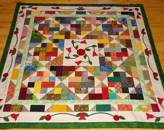 Quilt Top Patchwork Applique Handmade Sewn Scrappy fabric blocks.