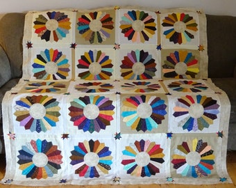 Quilt Top  Dresden Plate Pattern with Stars 55 x 69 inches Ready to be quilted by you.