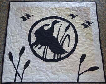 Wall Quilt Silhouette Duck Machine Pieced Background Hand appliqued Flying Ducks