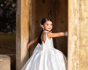 White Satin Flower Girl Dress, Bow Train Christmas Princess Gown, Baby Christmas Dress, Winter Wedding Gown, Baptism Dress