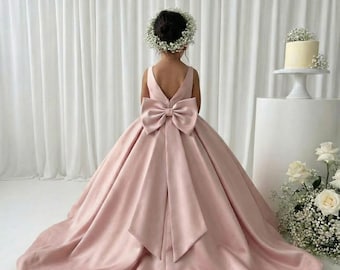 Abito da principessa in raso rosa cipria, per il primo compleanno di una bambina, per damigella d'onore junior, per feste formali e occasioni speciali.