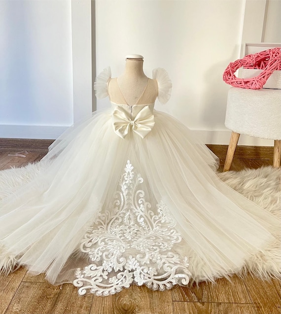 ivory toddler dress for wedding White Tulle Toddler Dress, Ivory Lace Flower Girl Gown, Wedding, Baptism, Photoshoot