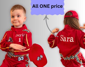 Cheapper personalized handmade race car driver costume for toddlers, car boys racing outfit, toddler girl racer suit, red baby racer costume